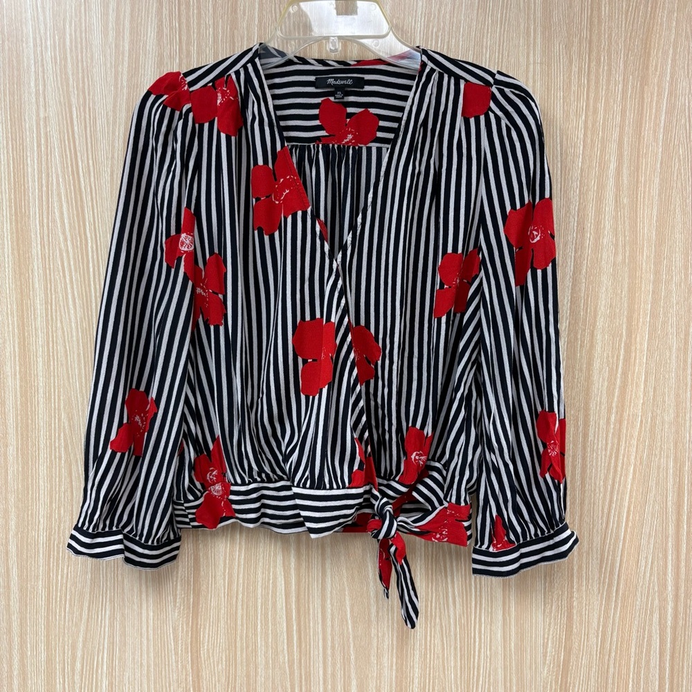 Madewell Black and White Striped Top with Red Floral Accents